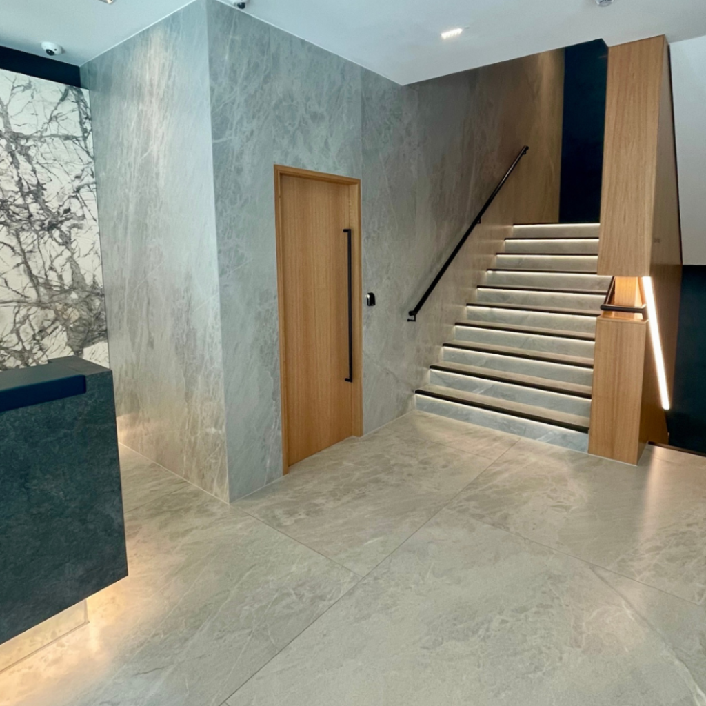 Showcase photograph spectrum stone and ceramic office block on London development 