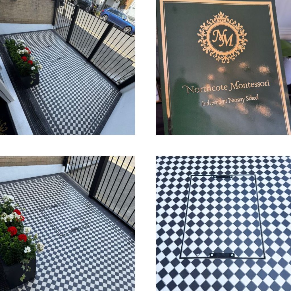 Montage of photos exterior entrance tiled in London.  