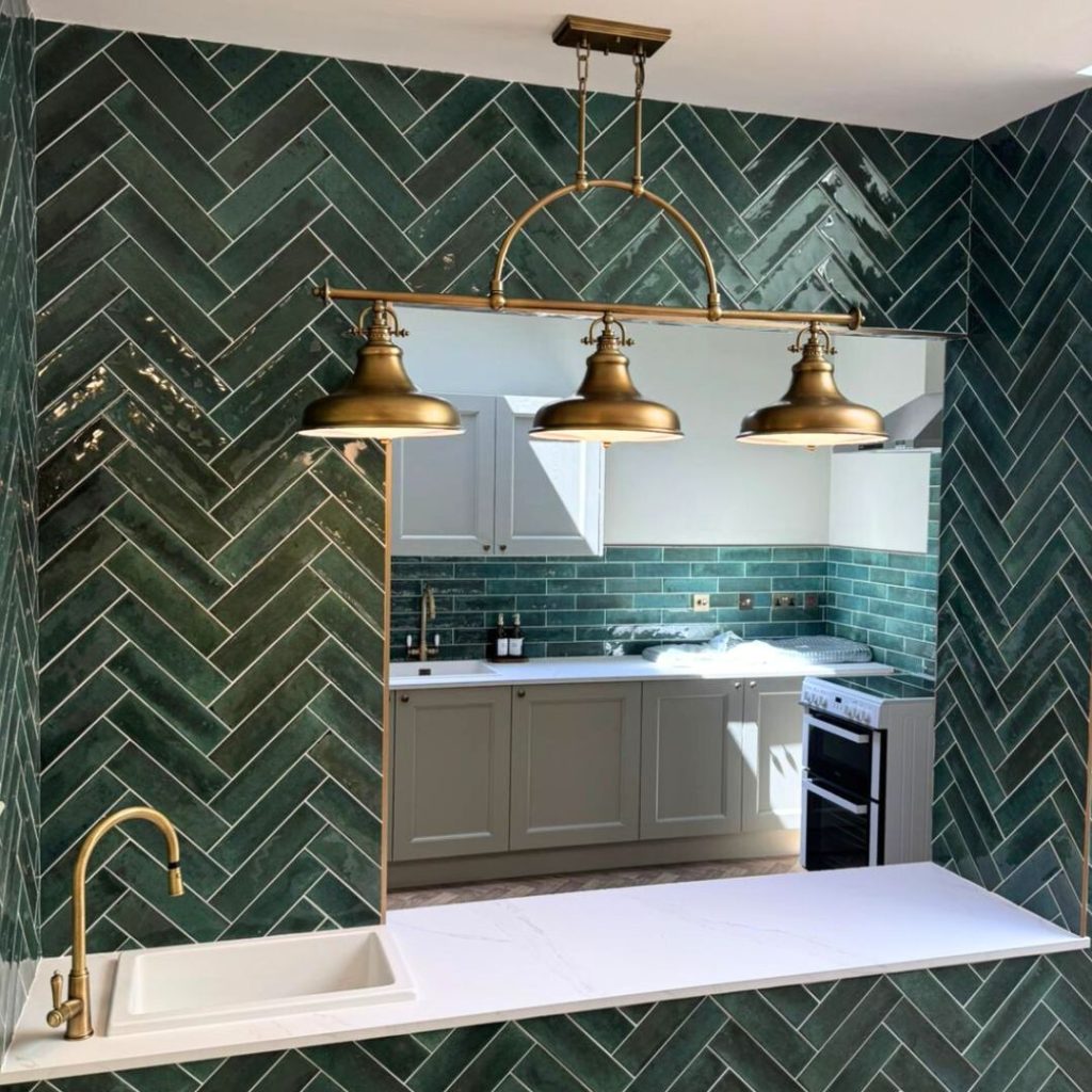 Tiled kitchen hatch and counter front 