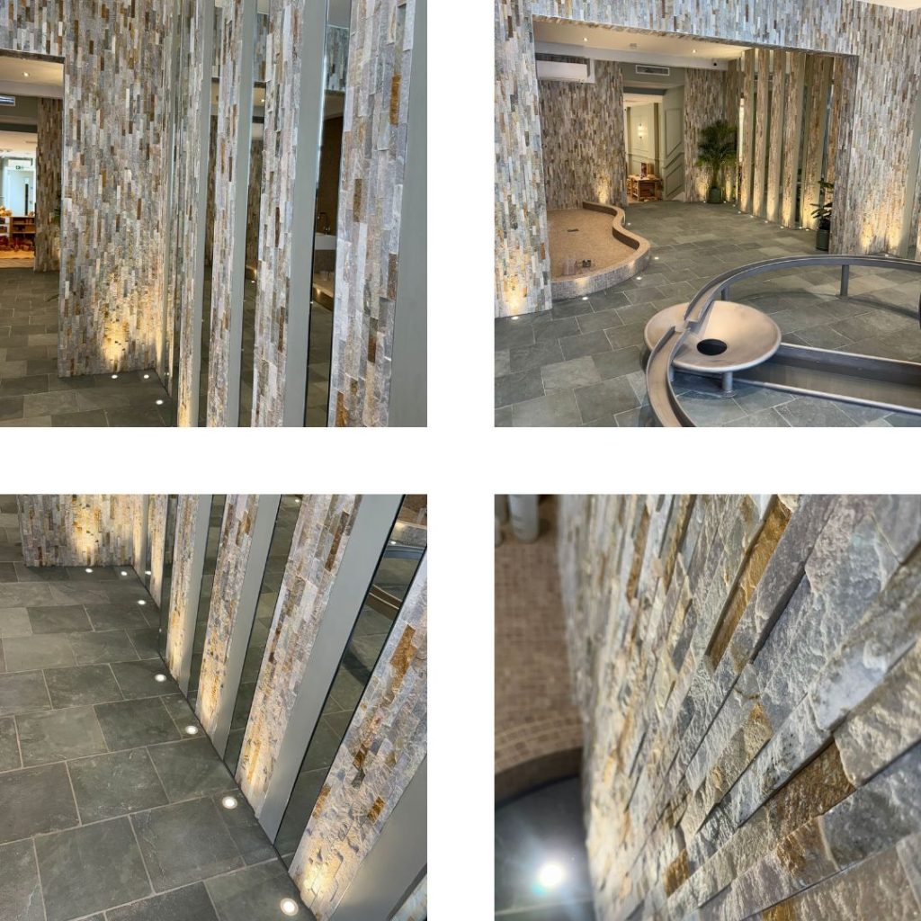 Various photos of the Splitface stone walls in a water play area in a nursery London. 