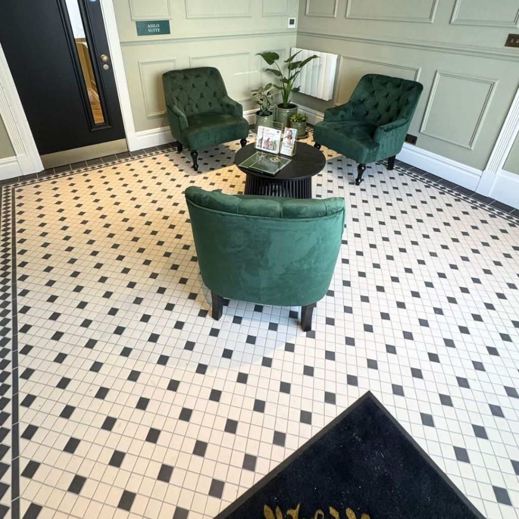 Northcote Montessori interior entrance hall.  Bespoke Victorian style tiling 
