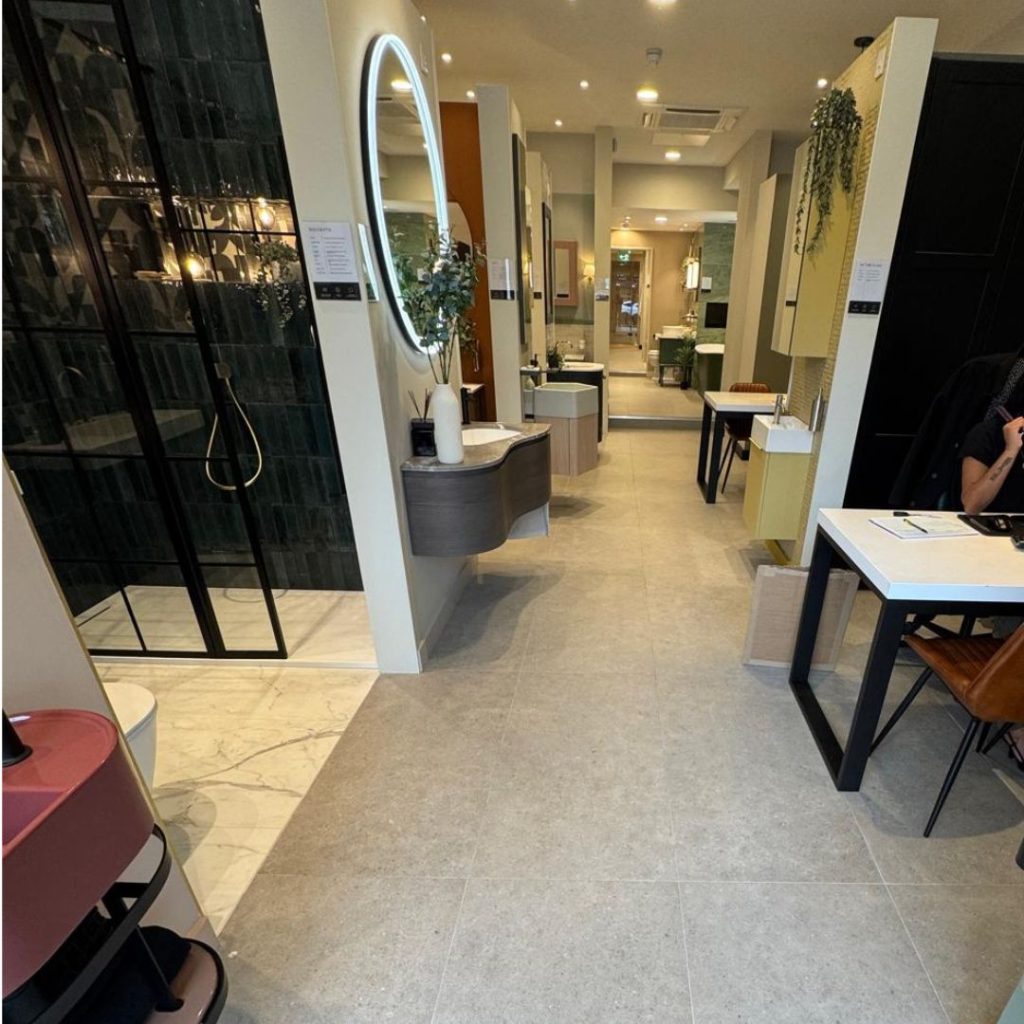 C P Hart bathroom showroom full refurbished with bathroom display and showroom tiling.  