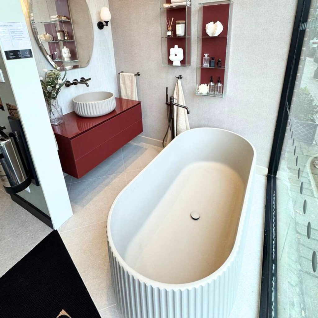 Window display bathroom set tiling at CPHart showroom. 